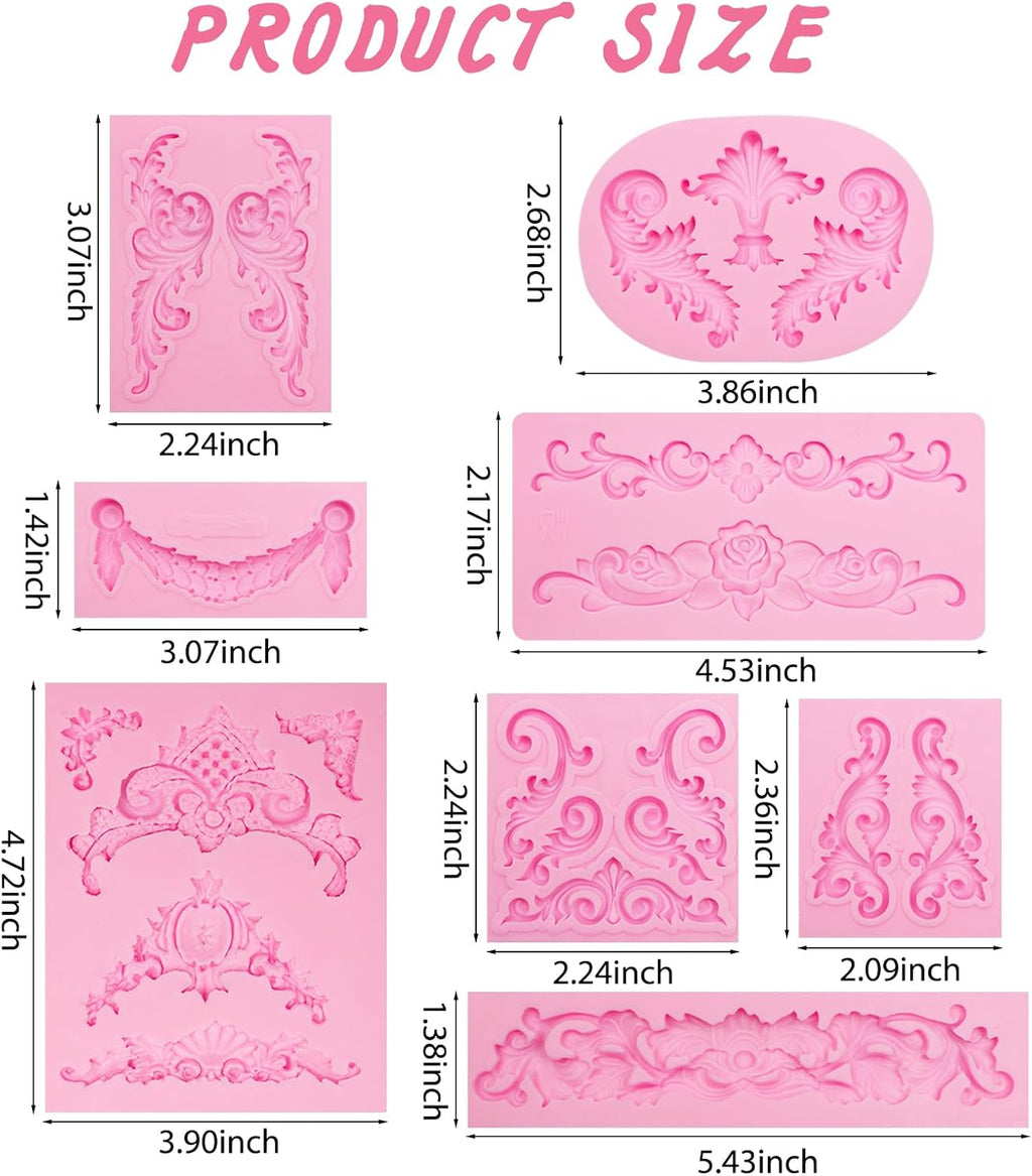 Baroque Scroll Pattern Silicone Craft Molds Border Decorative Silicone Moulds for Crafting polymer clay Fondant Chocolate 8-Piece Set