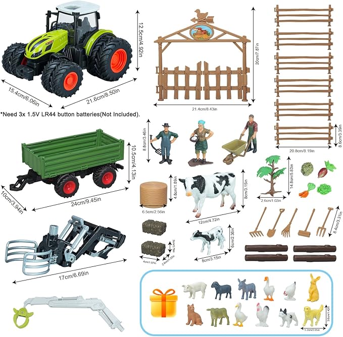 46Pcs Farm Toys, Tractor Toy w/Lights & Sound, Farm Animals Toys for 3 4 5 6 7 8+ Year Old Toddler Girls Boys Kid, Figures Farmer Vehicle Truck Fence Farm Playset Educational Learning Toys-PawvioPets