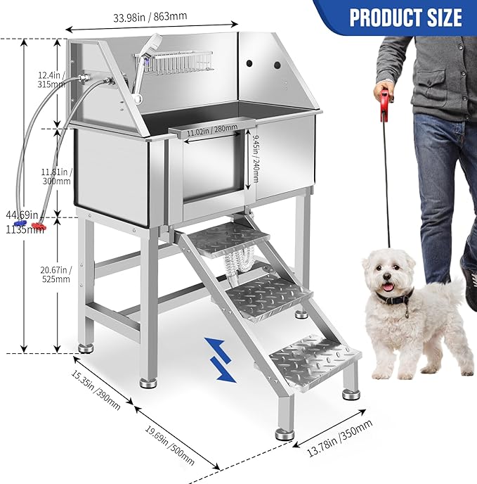 Dog Washing Station 38'' Stainless Steel Pet Grooming Tub for Large Dogs Over-Size Professional Dog Grooming Bathtub Station Wash Shower Sink Pet Grooming Bathtub Station-PawvioPets