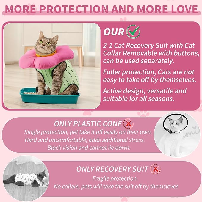 EMUST Cat Recovery Suit and Cone Collar - Cute Surgical Suit for Abdominal Wounds or Skin Diseases, Adjustable Flower Neck Collar Soft for Cats 4-8lb (Green, M)-PawvioPets