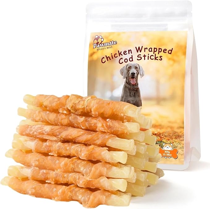 Dog Treats Chicken Wrapped Cod Sticks, Natural Chicken Cod Jerky Treats Rich in Omega-3, High Protein Chewy Training Treats Dog Snacks for Small Medium Large Dogs, 15-17 Counts, 10.6 oz-PawvioPets