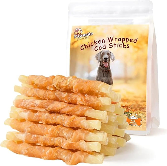 Dog Treats Chicken Wrapped Cod Sticks, Natural Chicken Cod Jerky Treats Rich in Omega-3, High Protein Chewy Training Treats Dog Snacks for Small Medium Large Dogs, 15-17 Counts, 10.6 oz-PawvioPets
