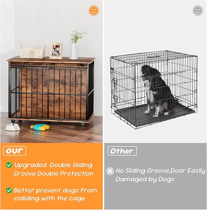 43.7" Dog Crate Furniture, XL Dog Crate Dog Kennel Indoor with Wheels for Large Medium Small Dogs, Wooden Dog Kennel End Table with Sliding Door Wooden Furniture Crates for Living Room, Bedroom-PawvioPets