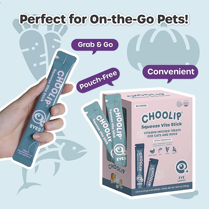 Grab & Go Squeeze Vita Stick Lickable Treats for Dogs & Cats. 49 Eye Health Sticks with Essential multivitamins. Soft and Tasty Paste for All Life Stages, Supporting Eyes Health-PawvioPets
