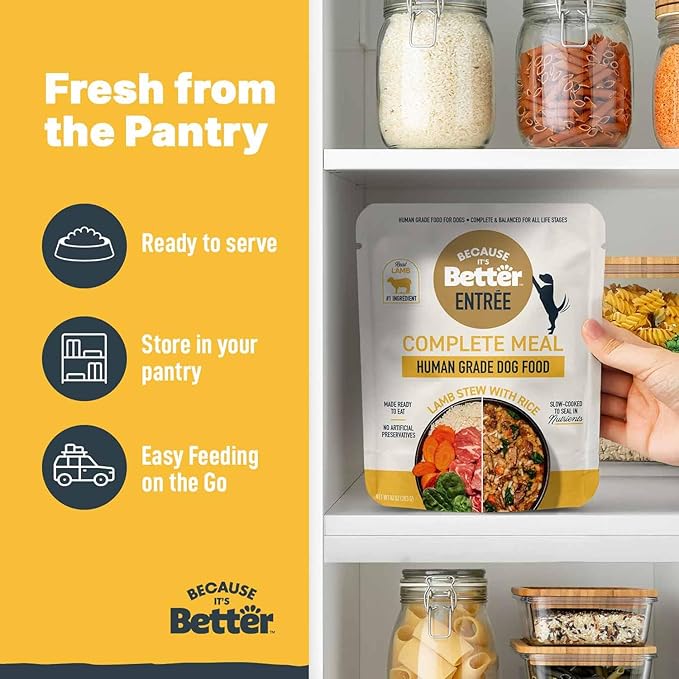 Because it's Better Entrée Complete Meal, Lamb Stew with Rice, Human Grade Wet Dog Food, 10 oz Pouches, 6 Count-PawvioPets