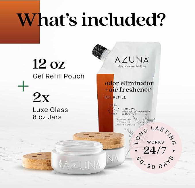 Azuna Air Freshener & Odor Eliminator for Strong Odor | 2 Room Kit Includes (2) Empty Luxe Glass Jar & 12oz Gel Refill with Tea Tree Essential Oil | Sandalwood Scent | Last 60-90 Days-PawvioPets