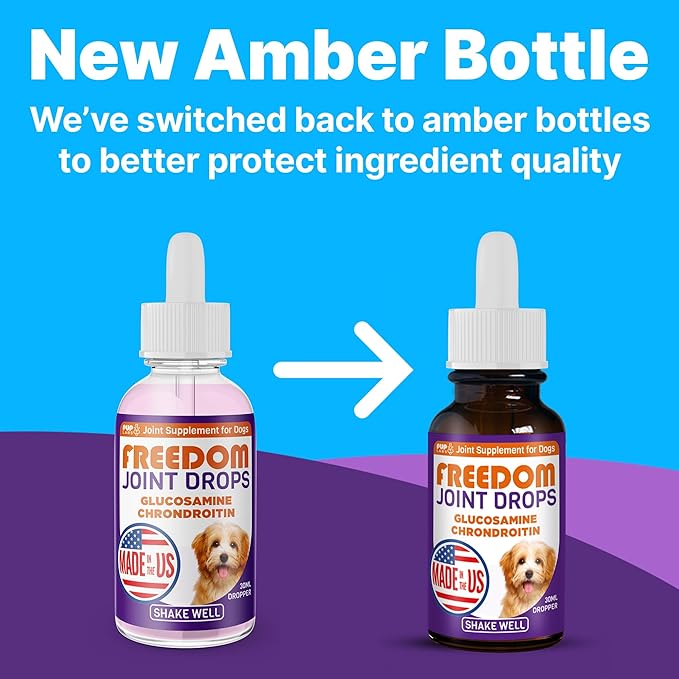 Freedom Joint Drops for Dogs with Hyaluronic Acid, MSM, Glucosamine, & Chondroitin, All Natural Liquid Joint Supplement for Dogs for Pain Relief, Mobility and Hip Support, 30 ml Dropper-PawvioPets