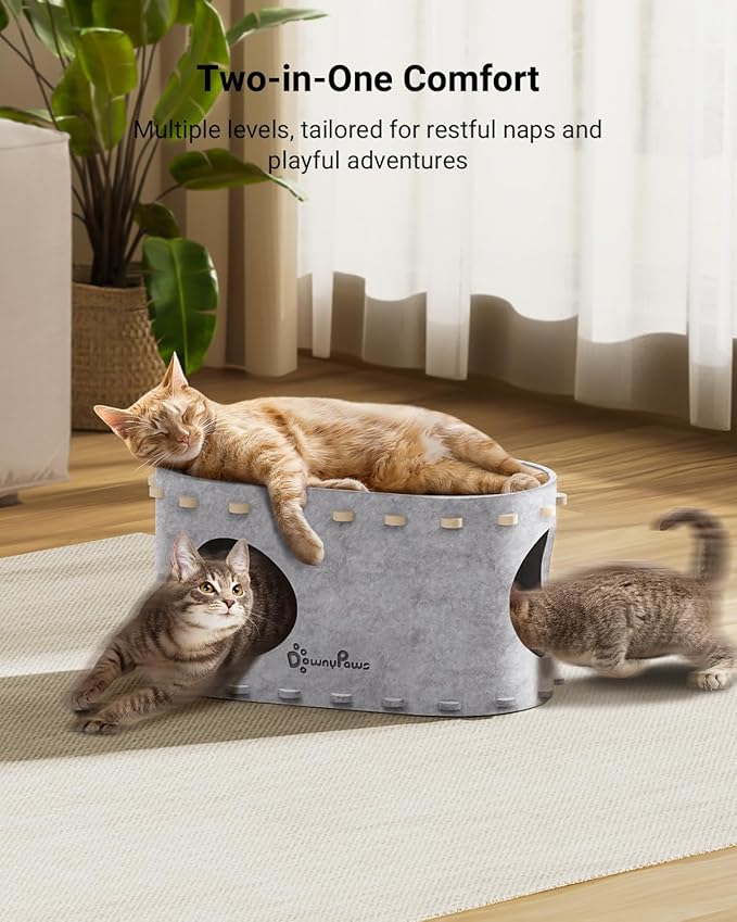 DownyPaws Cat House for Indoor Cats, Cat Bed Cave for Multiple & Large Cats Up to 22 Lbs, Scratch Resistant Peekaboo Cat Caves, Foldable Tunnel Enclosed Bed, PeekaPurr, Marble-PawvioPets