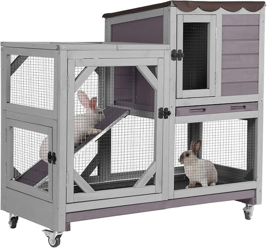 Aivituvin Rabbit Cage Indoor Outdoor Bunny Hutch on Wheels, 2 Story Wood Guinea Pig Cages with 2 Deeper Pull Out Trays (Gray)-PawvioPets