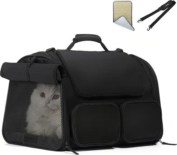 FUKUMARU Cat Carrier, 4 Mesh Windows Small Dog Carrier, 4 Storage Pockets Cat Travel Bag, Under 15 lb Airline Approved Pet Carrier, Rollable Cover for Nervous Cats, Black-PawvioPets