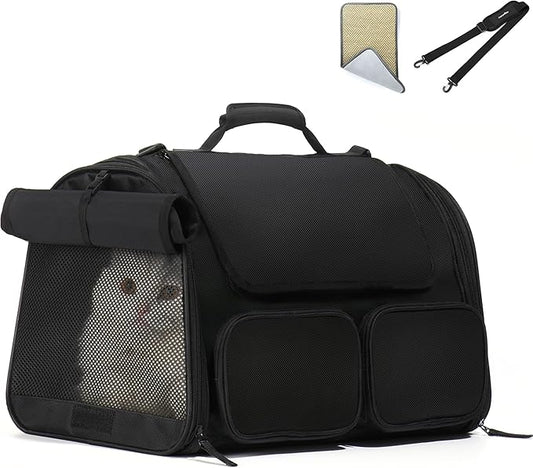 FUKUMARU Cat Carrier, 4 Mesh Windows Small Dog Carrier, 4 Storage Pockets Cat Travel Bag, Under 15 lb Airline Approved Pet Carrier, Rollable Cover for Nervous Cats, Black-PawvioPets