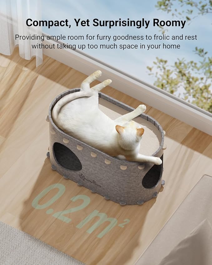 DownyPaws Cat House for Indoor Cats, Cat Bed Cave for Multiple & Large Cats Up to 22 Lbs, Scratch Resistant, Foldable Peekaboo Kitten Caves Tunnel Enclosed Bed, PeekaPurr, Light Gray-PawvioPets