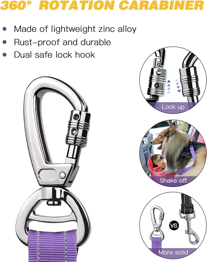 AUBELL Dog Seat Belt for Car,Updated 3-in-1 Adjustable Reflective Bungee Heavy Duty Dog Car Harness Tether with Clip Hook Latch & Buckle,Swivel Zinc Alloy Carabiner,Purple-PawvioPets