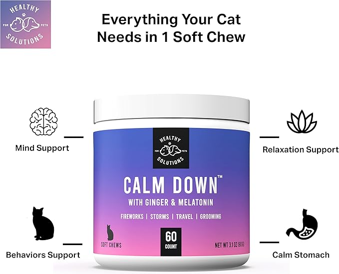 Calming Chews for Cats - Cat Calming Treats for Anxiety, Stress Relief Aid, Storms, Grooming, Fireworks, Separation, Travel, & Motion Sickness - Made in USA (60 Soft Chews- Cat)-PawvioPets