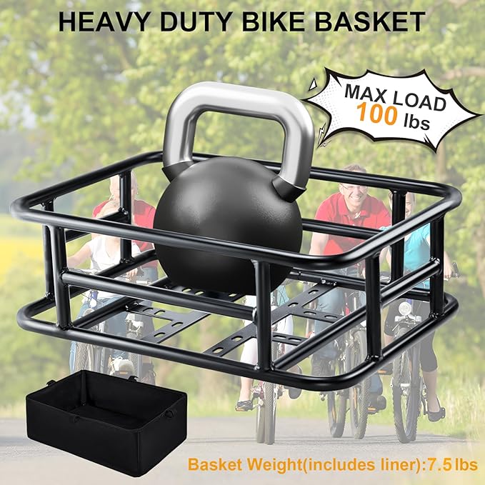 Bike Basket Rear with Liner,Waterproof Cover,Cargo Net Large Rear Bike Basket,Heavy Duty Bicycle Rear Basket for Electric Bike, Ebike,Great for Bike Trip,Carrying Grocery,Ball,Dog-PawvioPets