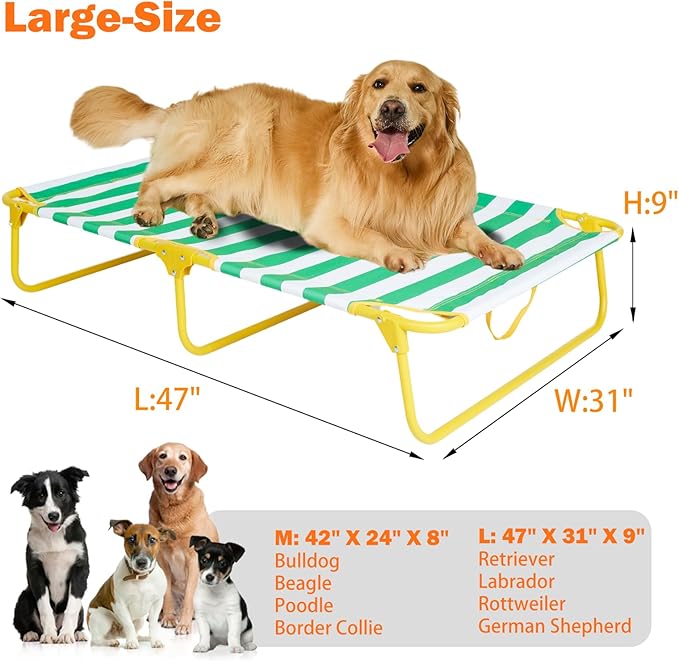 Dog Elevated Bed Foldable Portable Raised Bed Camping cot Outdoor Summer Dog Bed (Large, GreenStripes-Oxford Fabric)-PawvioPets