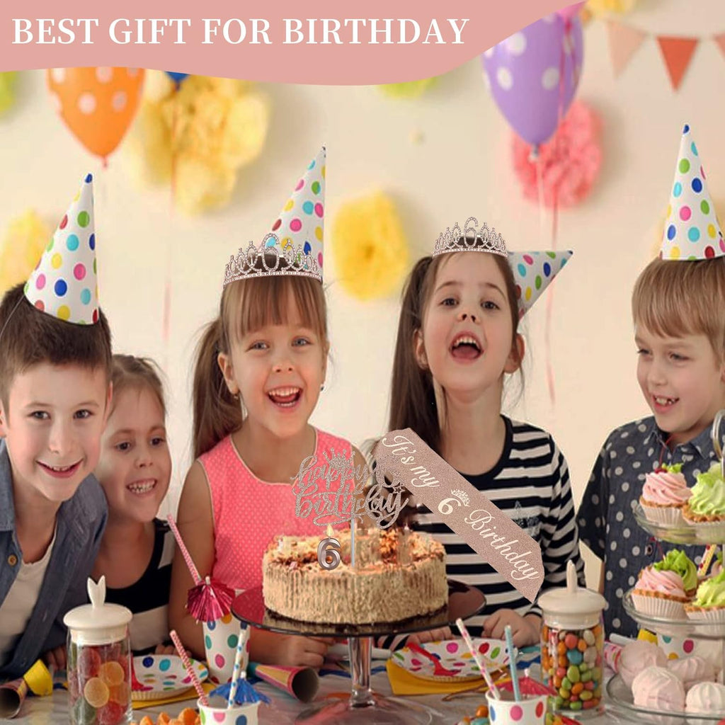 6th Birthday Decorations for Girl Including Sash, Crown, Numeral Candle and Cake Topper, 6 Year Old Birthday Decorations Rose Gold Party Favor Supplies