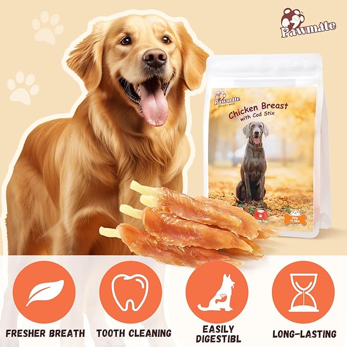 Dog Treats Chicken Tender Wrapped Cod Sticks, Rawhide-Free High Protein Dog Jerky Soft Chews, Healthy Training Snacks for Small Medium Large Dogs, 9-10 Counts, 10.6 oz-PawvioPets