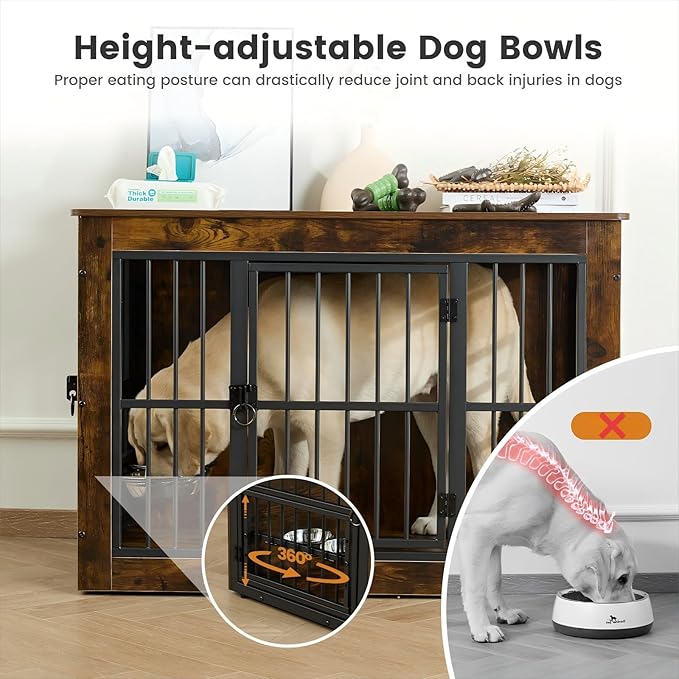 Gardner Pet Dog Crate Furniture for Medium Dogs, 32.7 Inch Dog Kennel Indoor, Wooden Dog Cage End Table with 2 Removable Bowls, Heavy Duty Dog Crate, Rustic Brown-PawvioPets