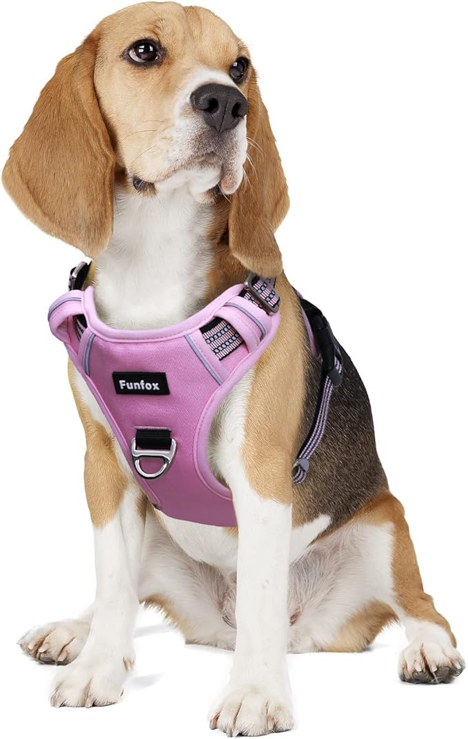 Funfox Dog Harness No Pull, Adjustable Pet Vest Harness, Super Soft Material with Vertical Handle Easy Control, Reflective Night Walking, 2 Leash Clips for Medium Sized Dogs, Pink, M-PawvioPets