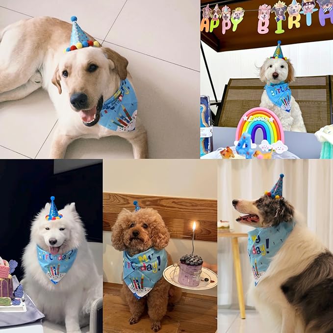 Dog Birthday Party Supplies Set,Birthday Bandana,Boy Girl Dog Birthday Hat with Numbers,Happy Birthday Banner for Golden Retriever French Bulldog Labrador Teddy Husky (Blue)-PawvioPets