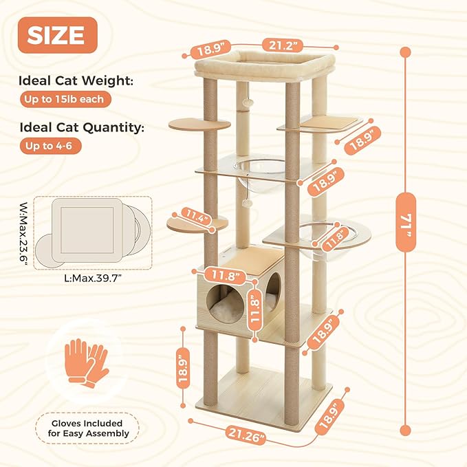 71" Tall Wood Cat Tree for Large Cats, Modern Cat Tower with 2 Acrylic Bowls, Large Top Perch, Spacious Cat Cave (Soft Cushion Included), 10 Sisal Scratching Posts and Non-Slip Jump Platforms-PawvioPets
