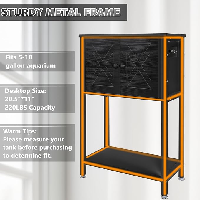 5-10 Gallon Fish Tank Stand, Heavy Duty Aquarium Stand with Cabinet & Power Outlets for Fish Tank Accessories Storage, Double Tank Stand 20.5" L* 11" W Tabletop, 220LBS Capacity Black-PawvioPets