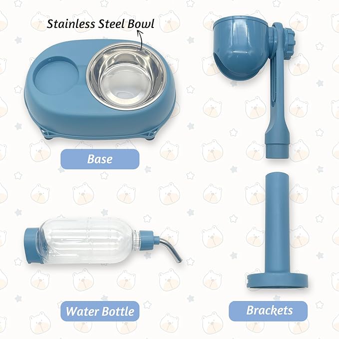 Fhiny Dog Water Feeder Bottle with Stand, Dispenser Automatic Water Food Bowl for Cage No-Drip Leak-Proof Adjustable Raised Pet Slow Water Bottle Dog Kennel Durable Drinker (Blue, 17oz)-PawvioPets