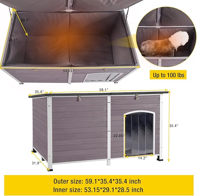 Aivituvin Large Dog House with Insulated Liner for Outdoor, Waterproof Outsides Heated Dog Kennel for Small Medium Large Dog with All-Around Iron Frame-PawvioPets