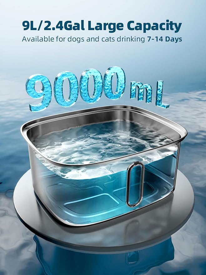 Dog Water Fountain for Large Dogs, 9L/2.4Gal Stainless Steel Dog Fountain with Water Level Window & Filtration, Automatic Pet Water Bowl Dispenser Indoor, Super Quiet (with 6 Filters)-PawvioPets