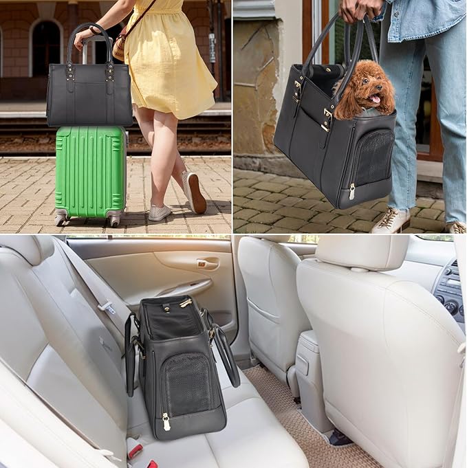 Fashion Pet Carrier Dog Purse Cat Bag Soft-Sided Carriers Travel Airline Approved, Stylish Leather Tote Handbag for Small Animal Puppy Kitten (Black)-PawvioPets