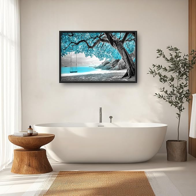 Extra Large Framed Abstract Tree Wall Art,Black and White Tree of Life Wall Decor,Blue Teal Sea Pictures for Living Room,Canvas Print Painting Modern Artwork Bedroom Office Bathroom 36L x 24W-PawvioPets