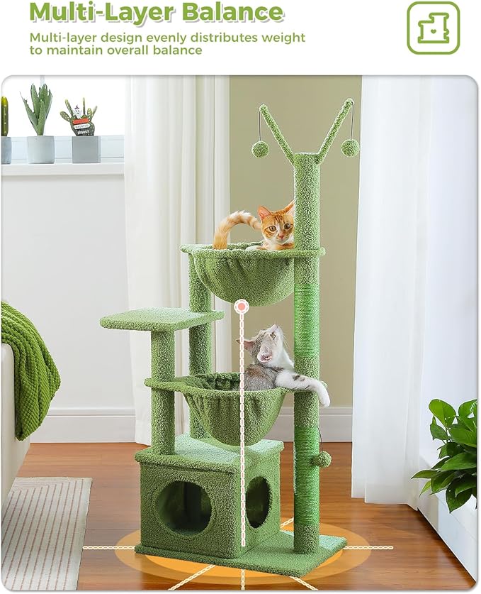 Cactus Cat Tree, 47.6" Cat Tower with 2 Metal Frame Hammock, Cat Scratching Post for Indoor Cats with 2 Removable Pompom Sticks for Kittens, Green-PawvioPets