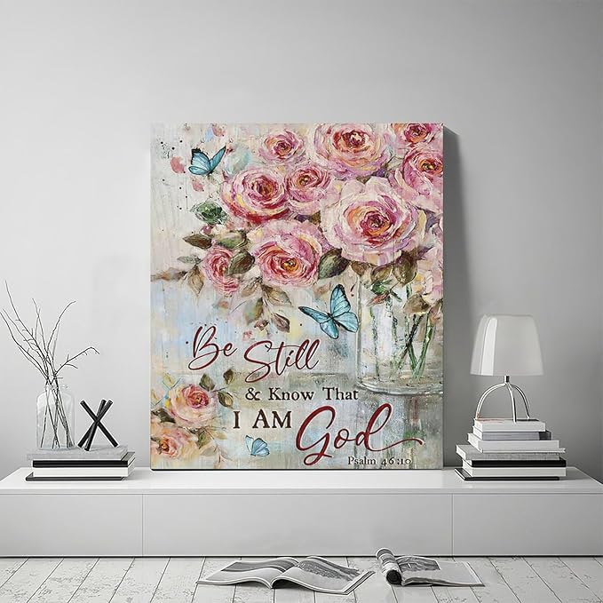 Farmhouse Rose Wall Art Christian Scripture Pictures Pink Rose Wall Decor Rustic Floral Butterfly Canvas Print Painting Artwork for Bathroom Living Room Bedroom 20"x24"-PawvioPets