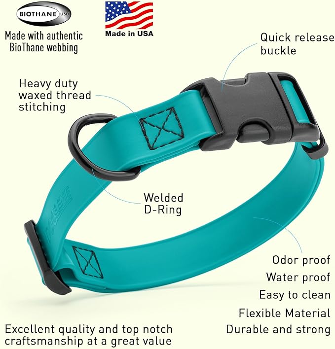 Dogline Biothane Waterproof Dog Collar with Quick Release Buckle Strong Coated Nylon Webbing with Odor- Proof for Easy Care Easy to Clean Fits Small Medium or Large Dogs, Teal 3/4" W 12-19" L-PawvioPets