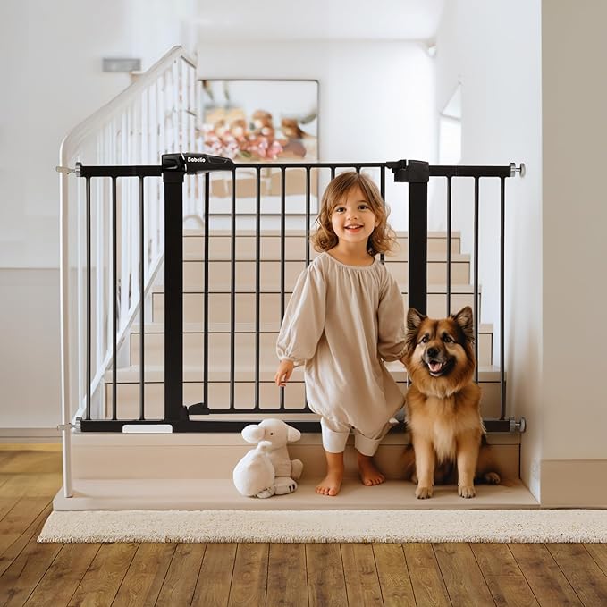Babelio Metal Baby Gate, 29-48" Auto Close Easy Install Pet Gate, Extra Wide Walk Thru Child Safety Gate, Pressure Mounted Dog Gate for Doorways and Stairs, with Y Spindle Rods, Black-PawvioPets