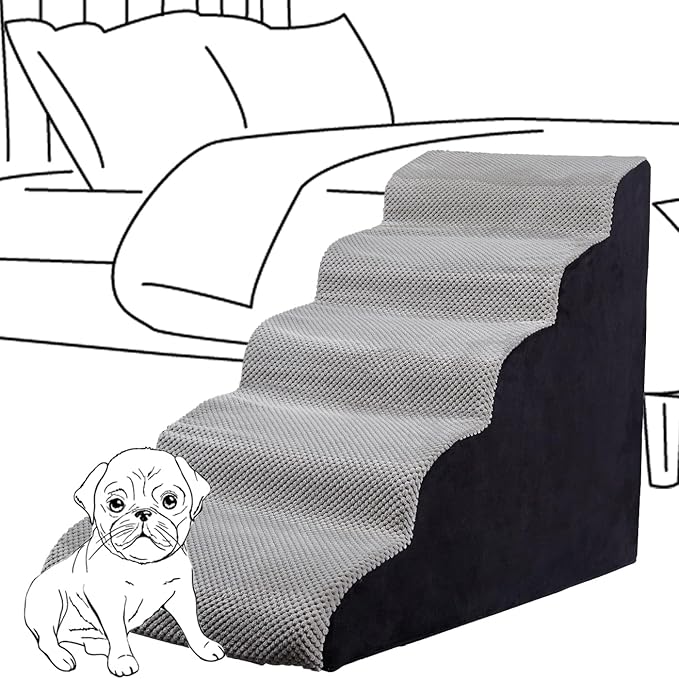 Curved Dog Stairs 24 inches High, Dog Ramp Stairs for Small Dogs for High Beds 20-25 inches Tall, 30D Foam Dog Steps for Beds 24 inches, Pet Stairs/Steps for Old Dogs Cats, Grey-PawvioPets