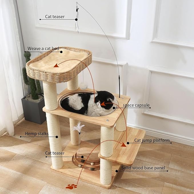 34 Inch Solid Wood Cat Tree Tower with Space Capsule, Hand-Woven Basket Nest, Feather Toy, Hanging Balls, Sisal Posts, 4-Tier Indoor Climbing Cat Tower for Kittens-PawvioPets