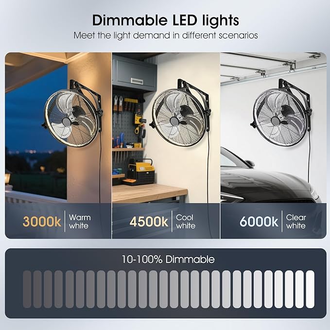 16 inch Wall Mount Fan with Lights and Remote,6-Speed Gazebo Ceiling Fan Adjustable Tilt Dimmable Wall Fan,High Velocity Industrial Outdoor Fans for Patio,Garage,Commercial,Black-PawvioPets