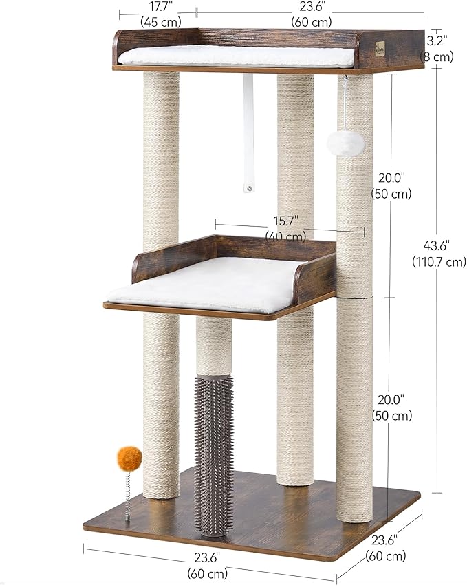 FourFurPets 43.7" Cat Tree, Modern Cat Tree Tower, Cat Tower for Indoor Cats Large Adult, Cat Condo with Scratching Post, Large Perch and Removable Pads,Rustic Brown-PawvioPets