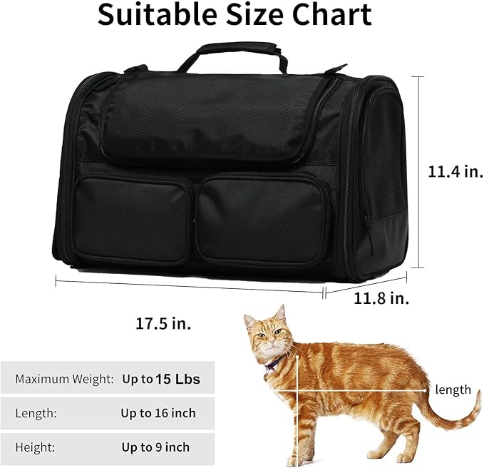 FUKUMARU Cat Carrier, 4 Mesh Windows Small Dog Carrier, 4 Storage Pockets Cat Travel Bag, Under 15 lb Airline Approved Pet Carrier, Rollable Cover for Nervous Cats, Black-PawvioPets