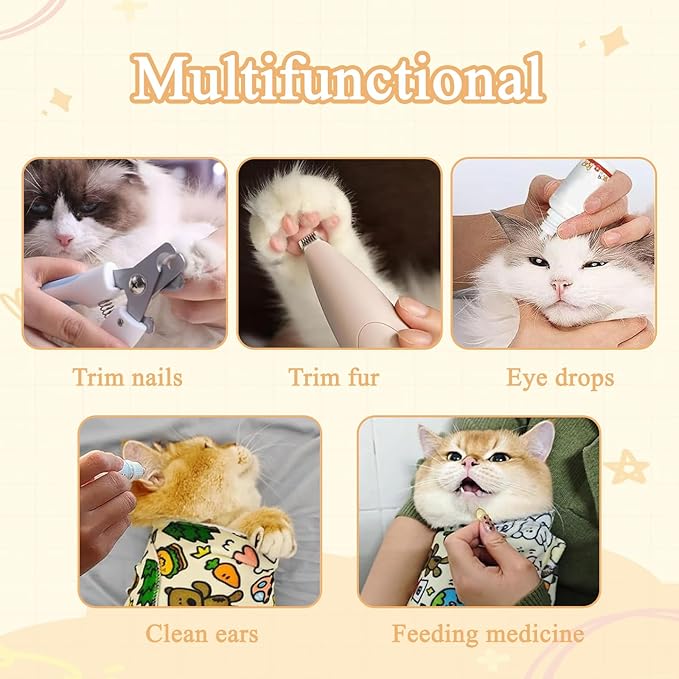 27.6x27.6 Cat Wrap for Cutting Nails, Cat Grooming Wrap with Pet Hair Removal Glove, Cats Restraint for Nail Clipping Ear Cleaning Teeth Brushing-PawvioPets
