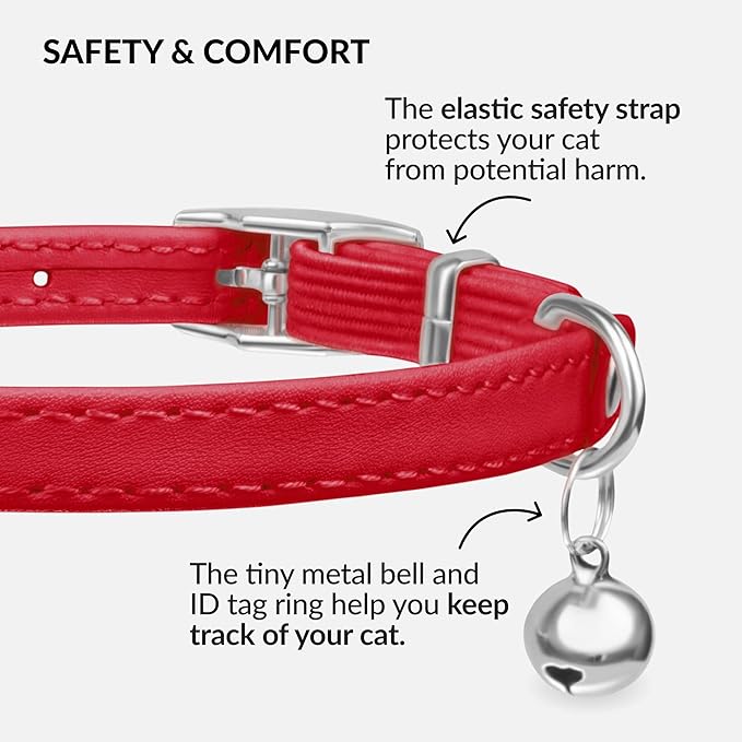 CollarDirect Leather Cat Collar with Bell - Kitten Collar, Small and Big Cat Strap for Boy Cats, Girl Cats with Safety Elastic Strap (Neck Fit 6"-7", Red)-PawvioPets
