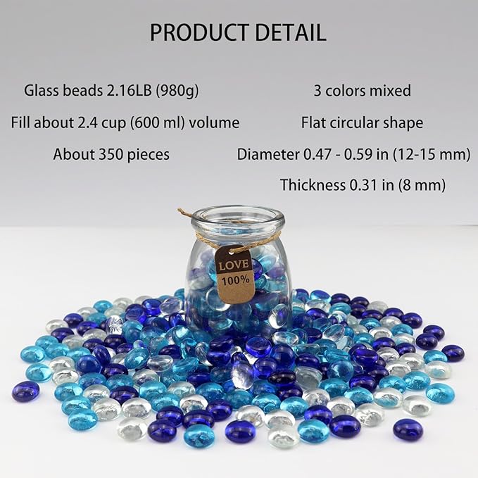 2.16LB Mix Colors Glass Beads Vase Filler Aquarium Gravel Decor Flat Glass Marbles Gems Pebbles Fish Tank Rocks Home Decorative Art Craft - 3 Colors Mixed-PawvioPets