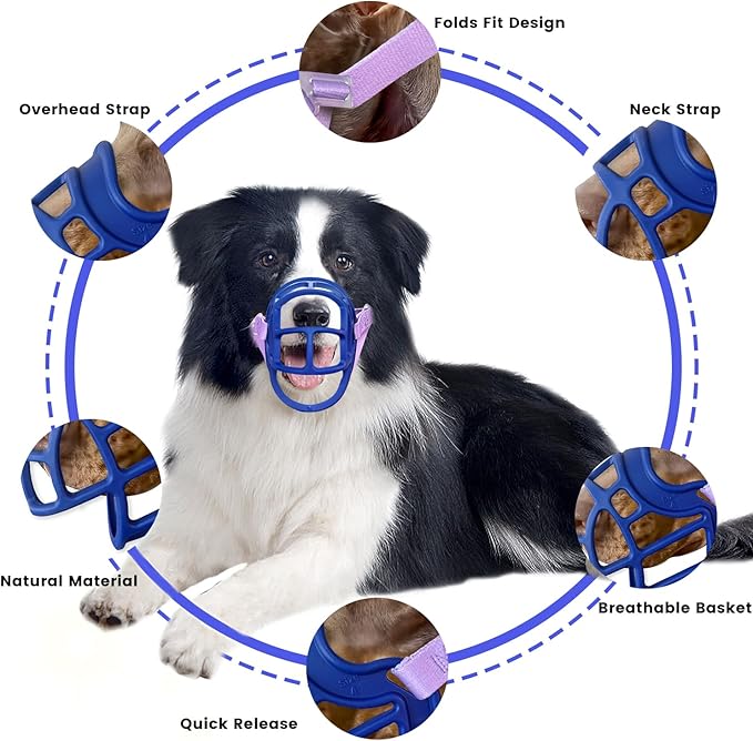 Basket Muzzle Allows Panting Drinking - Anti Biting Chewing, Suitable for Grooming Trimming Training, for Small Medium Large Dogs (Blue, Size 6)-PawvioPets