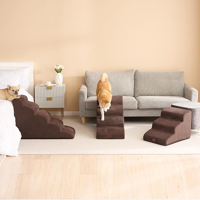 EHEYCIGA Curved Dog Stairs Ramp for High Beds 19.7" H, 4-Step Dog Steps for Small Dogs and Cats, Pet Stairs for High Bed Climbing, Non-Slip Balanced Pet Step Indoor, Brown-PawvioPets