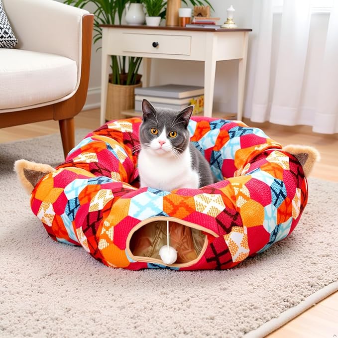 AUOON Cute Cat Donut Tunnel - Interactive Cat Tunnel Bed for Indoor Cats Kitten Kitty Puppy Rabbit Ferret (Orange)-PawvioPets