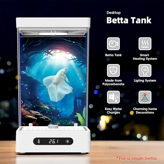 Betta Fish Tank, Smart Automatic Heating, Easy Water Change Valve, and Energy-Efficient LED Lighting - Perfect for Office, Home, and Bedrooms-PawvioPets