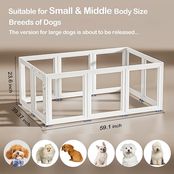 Dog Playpen Transparent Puppy Playpen Indoor, Easy Assemble & Disassemble Clear Pet Playpen, Sturdy & Easy Cleaning Plastic Dog Fence with Suction Cup (23.6"" H, 10PCS), White-PawvioPets