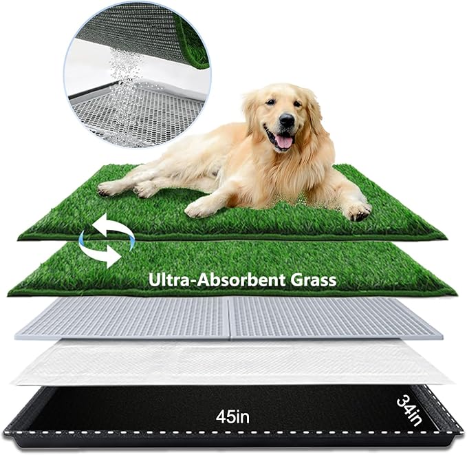 Dog Grass Pad with Tray Extra Large 45”×34”, Dog Potty with Ultra-Absorbent Artificial Grass for Dogs with Hemmed Edge, Pee Pads for Dogs, Realistic, Odor Free Litter Box for Balcony-PawvioPets